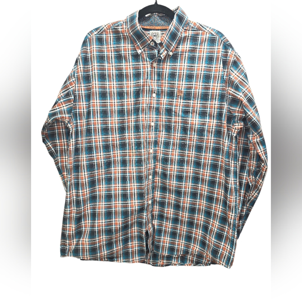 Cinch Men's Plaid Button Down Shirt Size M Blue‎ Brown Western 100% Cotton Rodeo